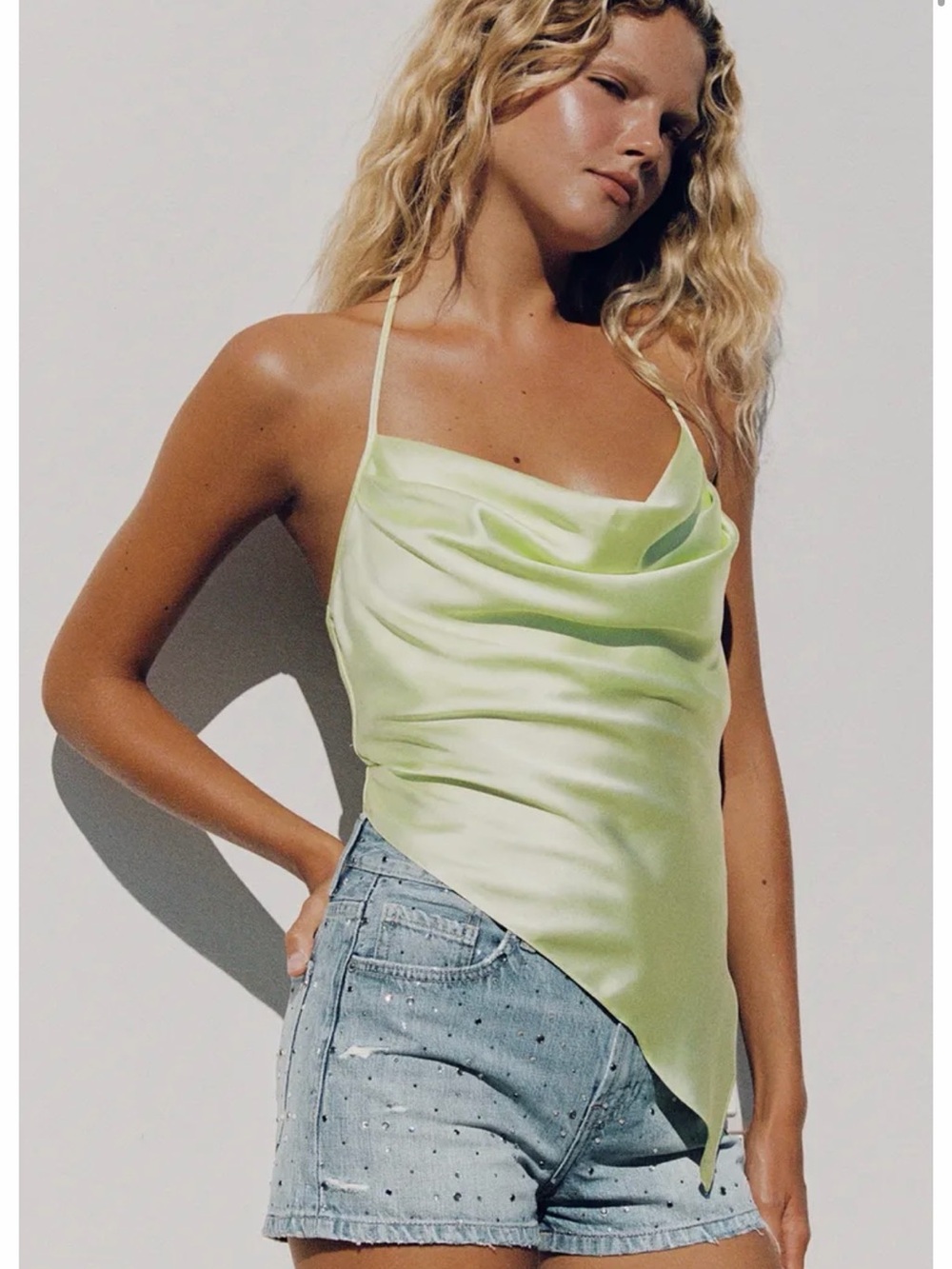 Zara Satin Halter Cowl Neck Strap Top - Lime Green